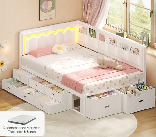 ADORNEVE Twin Corner Bed Frame with 8 Storage Drawers and LED Lights,White
