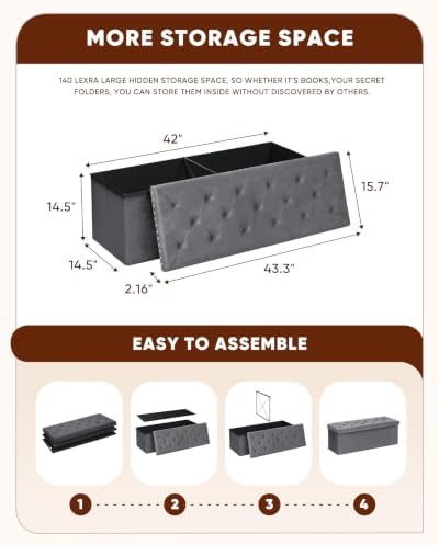 B FSOBEIIALEO Storage Ottoman Bench, 43" Velvet Ottoman With Storage, Grey