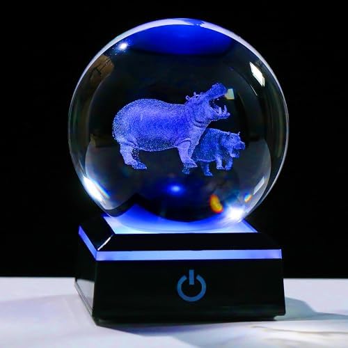 Hippopotamus Gifts for Women 3D Crystal Ball 3.14'' - Laser Hippopotamus Decor Glass Animals Hippo Gifts Figurines Statue Stuff for Room Decorations Hippo Night Light
