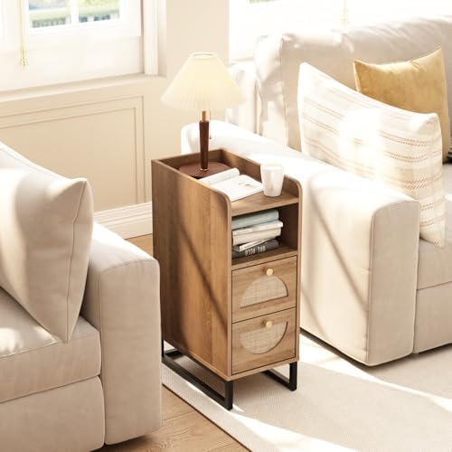 Narrow Nightstand for Small Spaces - 9.3" Slim Side Table with Rattan-Weave Drawers, Skinny Bedside Table with Open Shelf, Rustic Tall Thin Gap Filler for Bedroom & Sofa Side, Caramel Oak