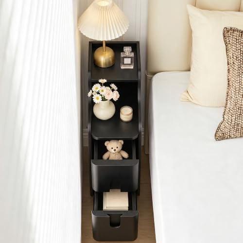 FurSch Narrow Nightstand, Wooden Small 2 Drawer Night Stand (Black-1 pc)