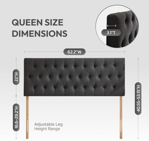 Kingfun Tufted Upholstered Queen Size Bed Headboard in Modern Button Design, Adjustable Solid Wood Head Board, Premium Linen Fabric Padded Headboards in Bedroom (Dark Grey)