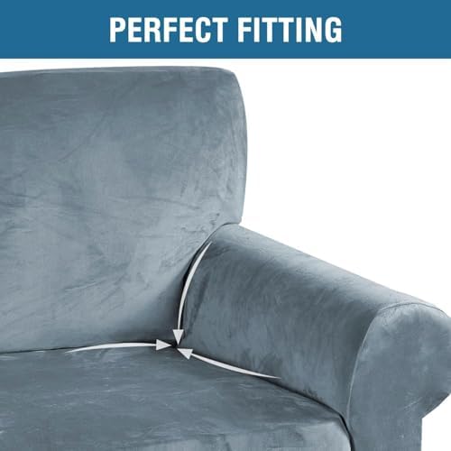 H.VERSAILTEX Stretch Velvet Sofa Covers for 3 Cushion Couch Covers Furniture Protector Soft with Non Slip Elastic Bottom, Crafted from Thick Comfy Rich Velour (Large Sofa 90"-97", Stormy Blue)