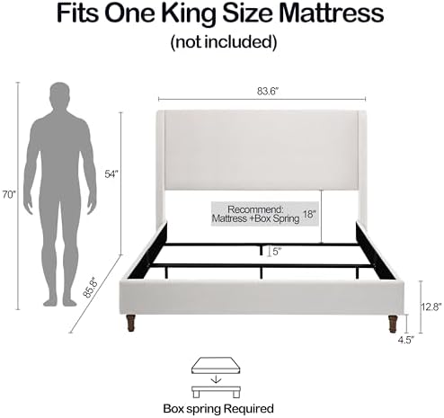 King 54" Tall Headboard Wingback Upholstered Platform Bed Frame Premium Elegant Simplicity for Bedroom King Bed Without Wooden Slats Box Spring Required Easy Assembly Textured Ivory Canvas