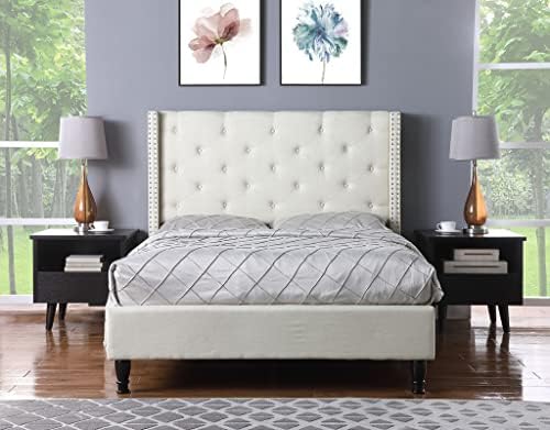 Full Upholstered Platform Bed Frame with 51" Tall Headboard - Button Tufted Cloth Bed - Wood Slat Support with Storage Space- No Box Spring Needed- Easy Assembly - Light Beige - OLIVER & SMITH - Astor