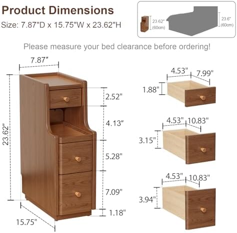 Solid Wood Narrow Nightstand with 3 Drawers,Modern Walnut,Fully Assembled