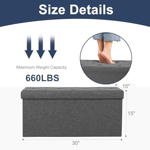 DUMOS 30 Inch Foldable Storage Ottoman Bench, Gray Ottoman with Storage