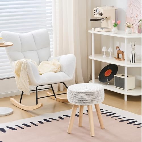 13" Round Handmade Cotton Knitted Boho Small Ottoman with Non-Skid Wood Leg