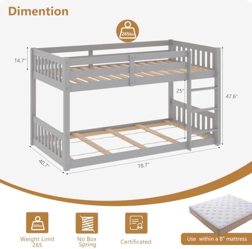 JOYMOR Solid Wood Low Twin Over Twin Bunk Bed for Kids/Junior, Bunk Bed Frame with Guardrails & Ladder for Boys Girls, No Box Spring Needed (Gray)
