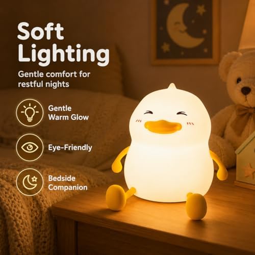 Fat Duck Night Light, LED Squishy Novelty Animal Night Lamp, Food Grade Silicone 3 Level Dimmable Nursery Nightlight for Desk Decor, Funny Gifts Stuff for Boys Girls Baby, White Elephant Gifts