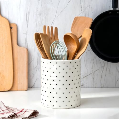Kitchen Utensil Holder,7.2-inch Extra Large Ceramic Polka Dots Pattern Utensil Crock,Cooking Utensil Organizer for Kitchen Counter Decor,Storage Caddy Farmhouse Gift White