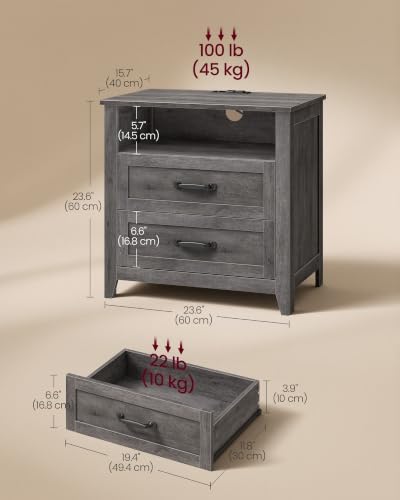 VASAGLE Farmhouse Nightstand with Charging Station, 2 Drawers, Open Shelf