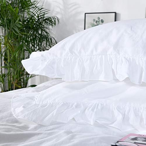 White Shabby Ruffle Duvet Cover Full Size,Washed Cotton Farmhouse Boho Chic Aesthetic Cute Bedding Comforter Quilt Cover 3 Pieces Ultra Soft and Breathable Zipper Closure & Corner Ties