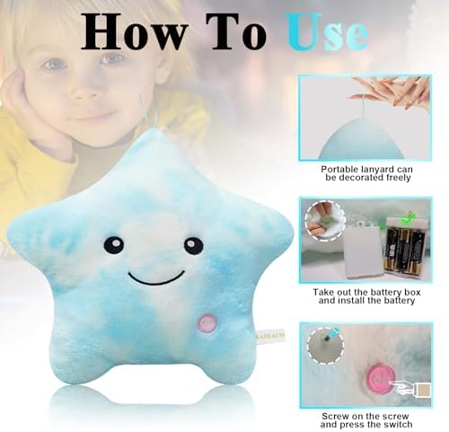 LED Night Light Star Pillow for Kids Throw Pillow Home Decor Couch Bedroom Office, Cute Stuffed Animals for Girls Plushies Boys Children Toys Daughter Doll Christmas Birthday Gifts White Blue