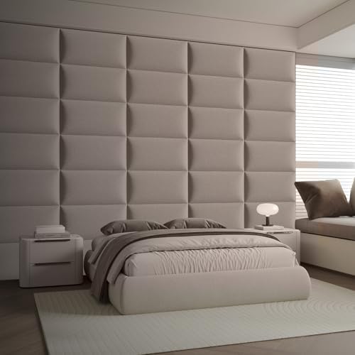 6-Piece Khaki Linen Upholstered Headboard Twin Size Wall Mounted, Neutral Fabric Headboard with Padded Panels, Space Saver for Small Bedrooms & Dorms