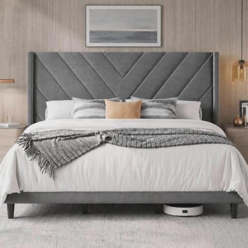 Yaheetech King Bed Frame with Chevron Channel-Tufted Headboard, Light Gray