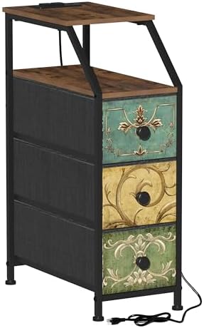 Tohomeor Narrow Dresser Tall Skinny Storage Tower Vertical Slim Chest of Drawers with Charging Station Small Nightstand Side Table for Bedroom, Bathroom, Small Spaces (Retro Flower, 3 Drawers)