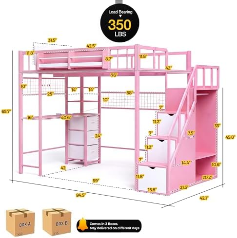 Loft Bed with Desk and Stairs, Headboard, Outlet (Pink, Twin)