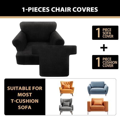 Sofa Cover 2 Pieces T Cushion Chair Covers with Arms Super Stretch Chair Slipcover for Living Room,Slip Cover Anti Slip Armchair Furniture Protector Pet Universal(Black, 1 Cushion)