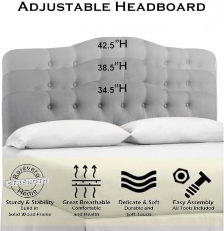 Linen Stitched Tufted King Headboard, Adjustable Height 34-43 in, Gray Padded Support for Reading, Relaxing or Working in Bed, Stable Non-Slip Design, Fits Bed Frame