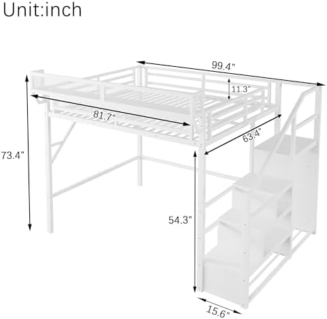 Queen Size Metal Loft Bed Frame with Convertible Staircase, Built-in Storage Shelves & Wardrobe, Loft Bed with Solid Slats & Guardrail, No Box Spring Required, Easy Assembly, for Bedroom, White
