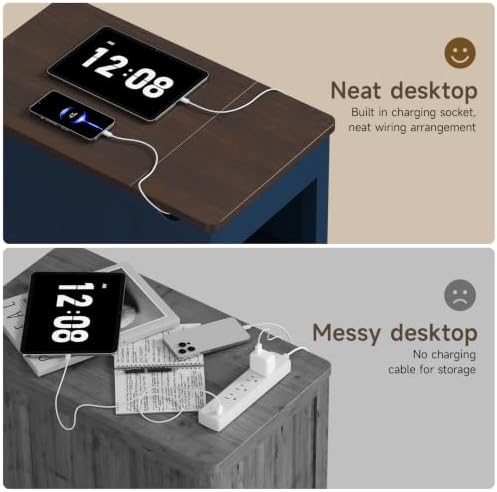 ONBRILL Farmhouse End Table with Charging Station,Blue
