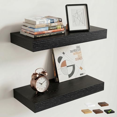 16 Inch Floating Shelves for Wall, 8"D Wood Storage Shelves, Black Finish