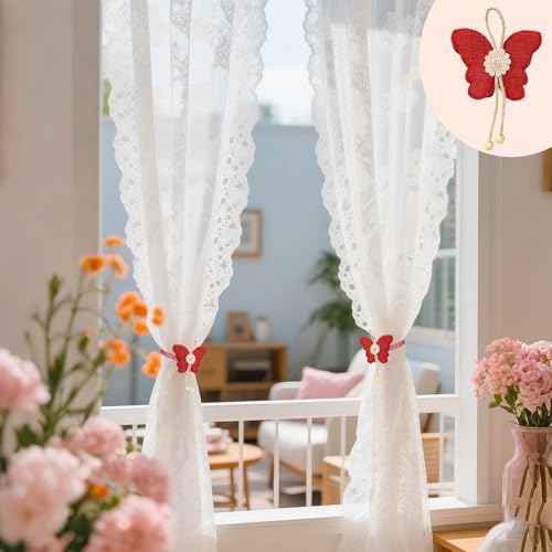 4 Pcs Cute Butterfly Curtain Holdbacks,Magnetic Curtain Tie Backs Decorative Rope for Living Room Bedroom Kitchen Bathroom Decoration (Red)