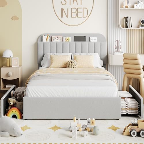 IDEALHOUSE Full Bed Frame with 2 Flexible Drawers and Bookcase Headboard, Boucle Upholstered Platform Bed for Boys/Girls, Noise-Free, Easy Assembly, No Box Spring Needed, Gray