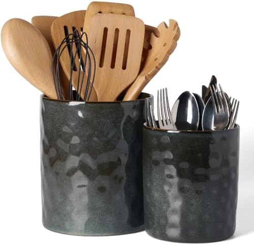 famiware Ceramic Utensil Holder, 7.2"+5.8", Set of 2, Deep Forest