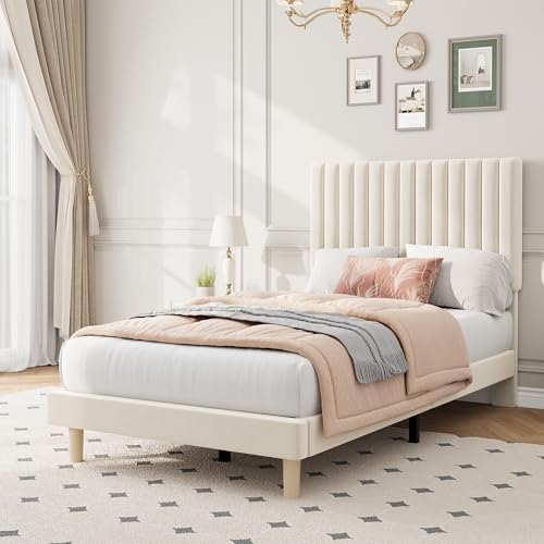 Twin Bed Frame with Adjustable Headboard, Velvet Upholstered Platform Bed