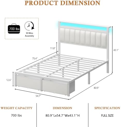 Furnulem White Full Size Bed Frame with PU Upholstered Headboard, 2 Drawers