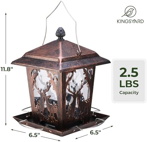 Kingsyard Metal Bird Feeder for Outdoor Hanging - Unique Design Wild Bird Hopper Feeder with 4 Perches and Rainproof Roof, Antique Copper