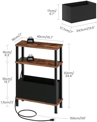 CHOEZON Set of 2 End Tables with Charging Station, Narrow Side Table for Small Spaces, Slim Nightstand with Basket, Skinny Bedside Table, for Living Room, Bedroom, Rustic Brown and Black TBZ07UP2BF