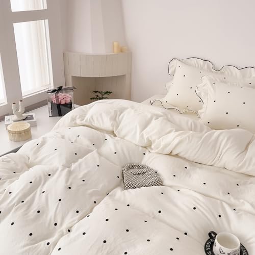 Polka Dot Twin Duvet Cover Set Off White Embroidered Twin Comforter Cover Soft Ruffled Washed Brushed Microfiber Zipper Duvet Cover Set with Pillow Cases Teen Girl Bedding Cream Duvet Protector
