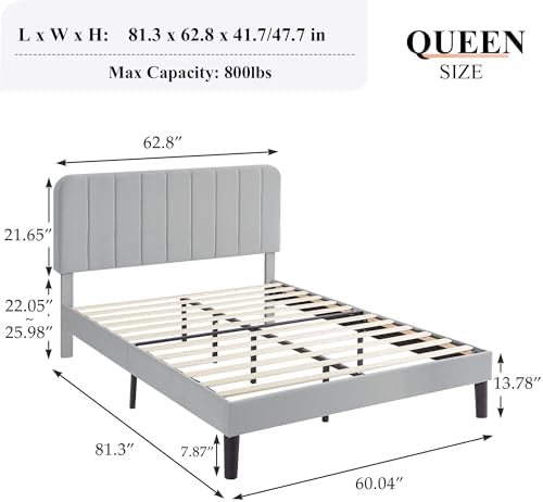 VECELO Queen Size Bed Frame with Upholstered Headboard, Velvet Platform Bedframe Mattress Foundation, Strong Wood Slat Support, No Box Spring Needed,Light Grey