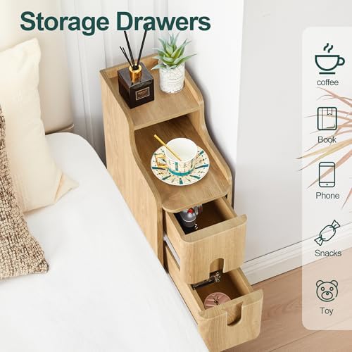 Narrow End Table Living Room, Wooden Small 2 Drawer Nightstand Bedroom, Thin Couch Side End Table, Vintage Skinny Bedside Table Small Spaces, Mid Century Modern Night Stand with Drawers (Natural-1 pc)