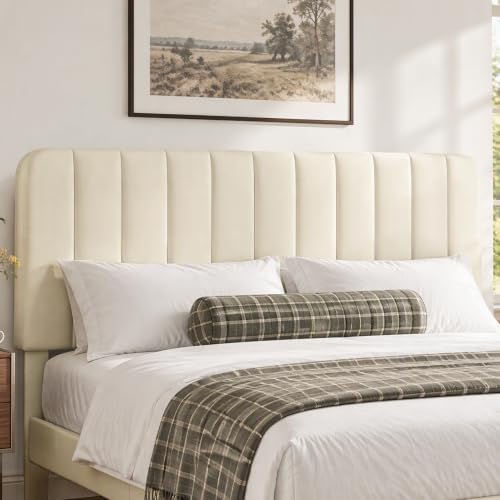 VECELO King Size Bed Frame with Upholstered Headboard, Velvet Platform Bedframe Mattress Foundation, Strong Wood Slat Support, No Box Spring Needed,Velvet Beige