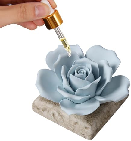 Ceramic Passive Essential Oil Diffuser, Aesthetic Desktop Handmade Flower & Concrete Base, Porcelain Aromatherapy Oils Diffuser for Home, Office, Yoga, Spa Room (Blue Rose)