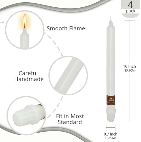 NJAO HOO White Candlesticks 10 Inch Handmade Dripless Taper Candles Unscented Colored Candle Set - Up to 9-11 Hours Burn, Pack of 4