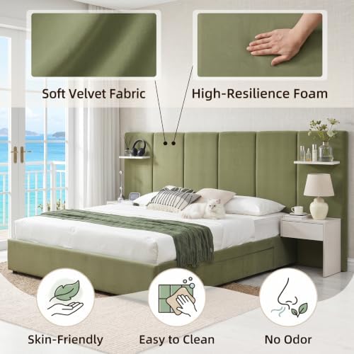 King Size Bed Frame with Storage & Built-in Nightstands & Drawers, Green