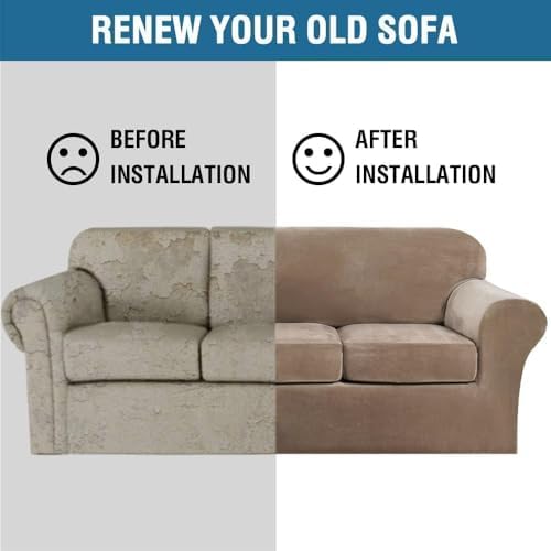H.VERSAILTEX High Stretch Sofa Slipcover 4 Piece Cover Velvet Furniture Protector Form Fit Thick Velvet Extra Large Sofa Cover for 3 Cushion Couch Width Up to 97 Inch (Large Sofa, Camel)
