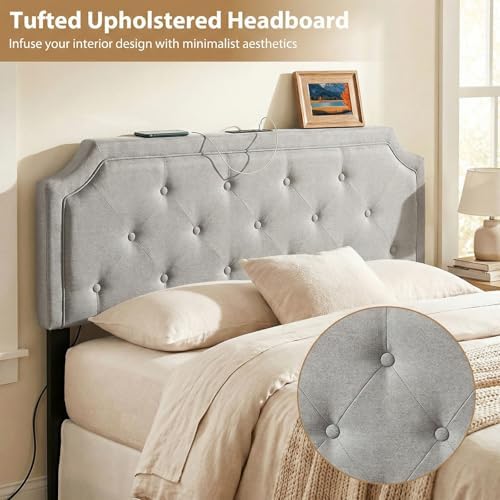 GIANTEX Headboard with Charging Station, Queen/Full Size Diamond Tufted Upholstered Head Board w/2 AC Outlets, USB & Type-C Ports, Rubber Wood Legs, Width Adjustable Modern Bed Headboard Only (Grey)
