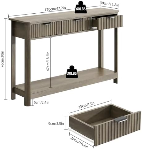 RUSTOWN Fluted Wood Console Table with 3 Drawers, 47.2" Boho Entryway Table