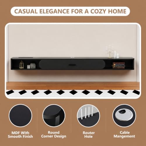 GHC Floating TV Stand, 75'' Wall Mounted TV Cabinet, Floating Shelves with Door, Media Console for DVD Player, Space-Saving Under TV Shelf for Bedroom & Living Room (Black)