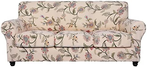 SearchI Stretch Sofa Cover Printed Couch Cover, Floral Pattern 4 Pieces Sofa Slipcover with 3 Separate Cushion Cover, Washable Furniture Protector for Living Room(Sofa, Yellow+Flower)