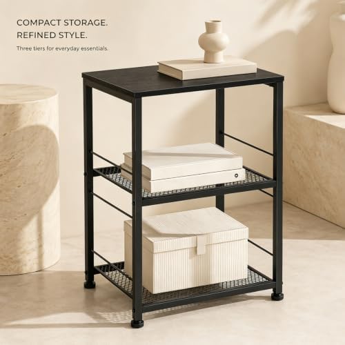 OYEAL Black Night Stand Industrial End Table with Storage Shelf Narrow Side Table for Small Spaces, Farmhouse Bedside Table for Living Room Bedroom, Stable Metal Frame (Black)