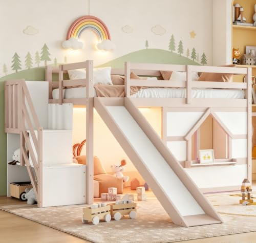 Bellemave Twin Low loft/bunk Bed with Slide and Storage Staircase LED for Kids,Wood Loft Beds,White +Beige