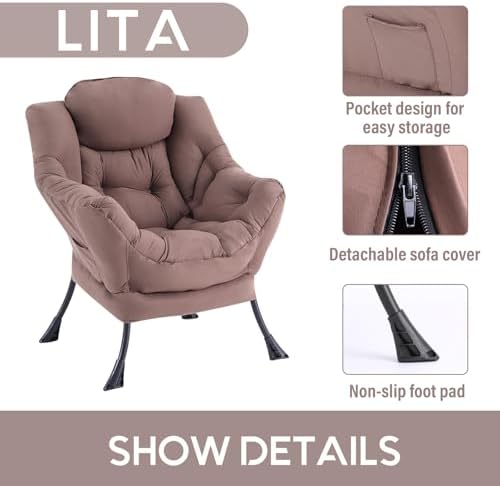 LITA Lazy Chair, Comfy Accent Reading Chair, Dark Brown