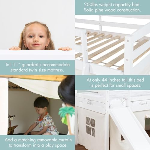Spirich Solid Wood Kids Twin Loft Bed with Slide and Under-Bed Play Curtain
